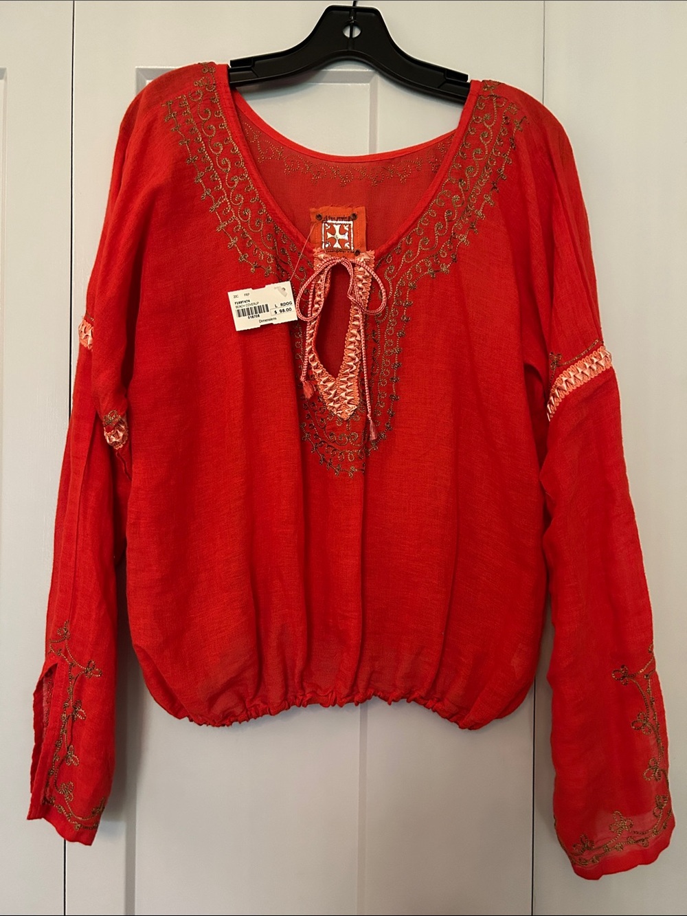 Free People Embroidered Tie-Front Boho Top - Red